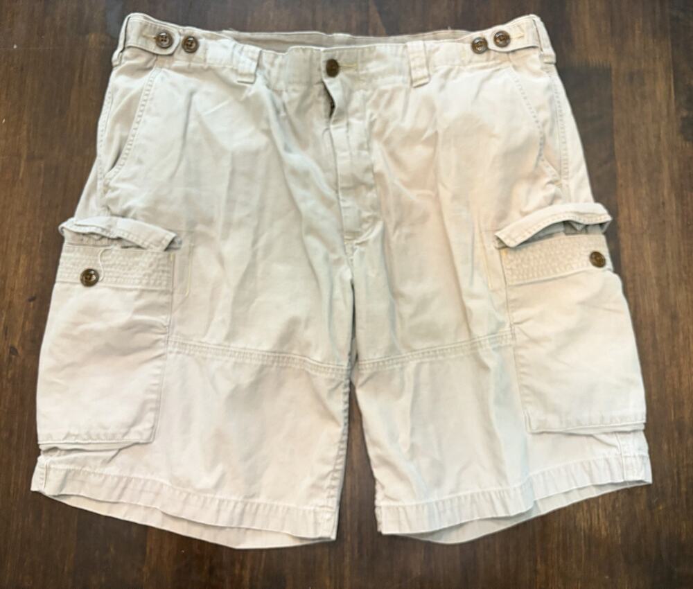 Polo Ralph Lauren Shorts Mens 38 Beige Drill Khaki Cargo 10" Adjustable Waist